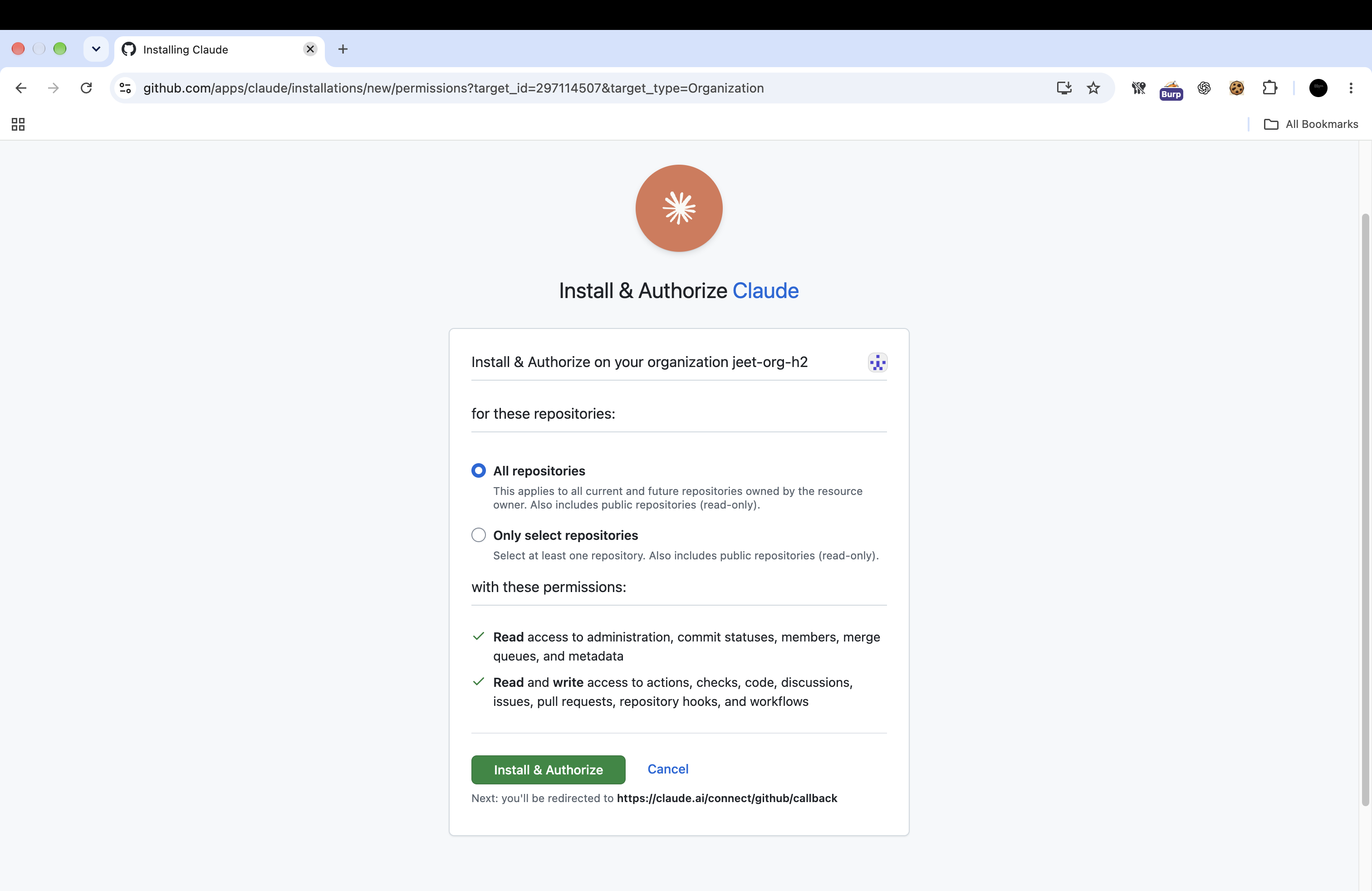Claude GitHub App install permission request