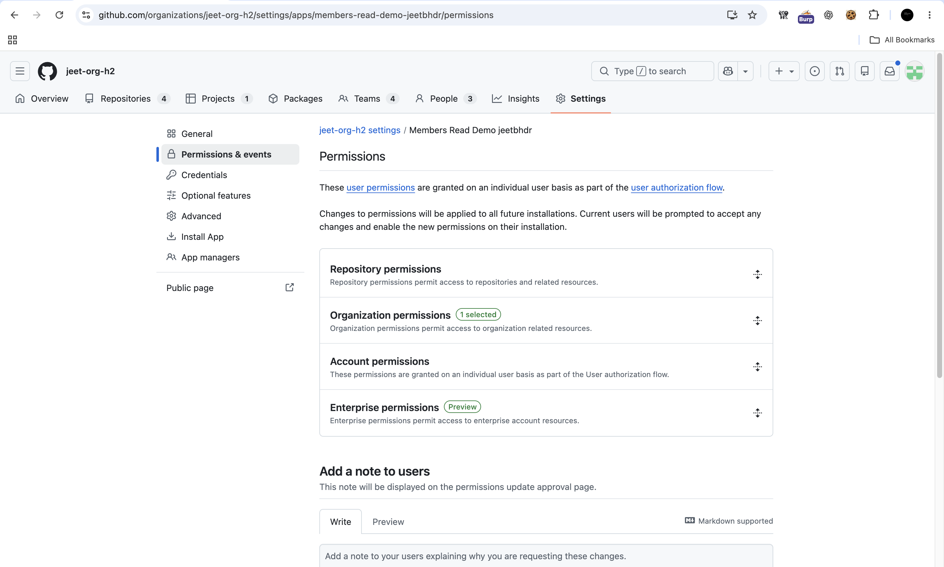 GitHub App permission selection