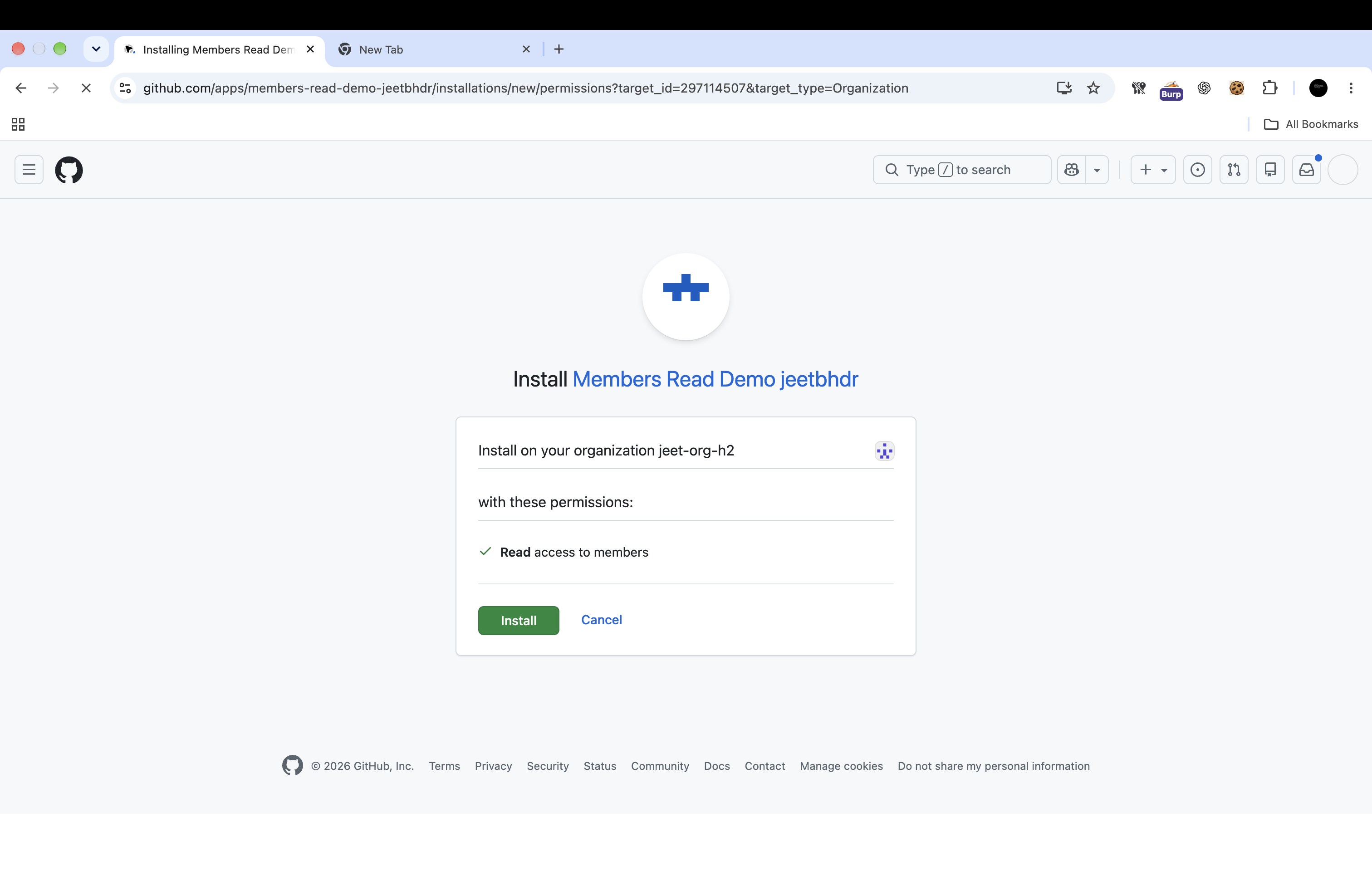 Install consent screen for the demo app